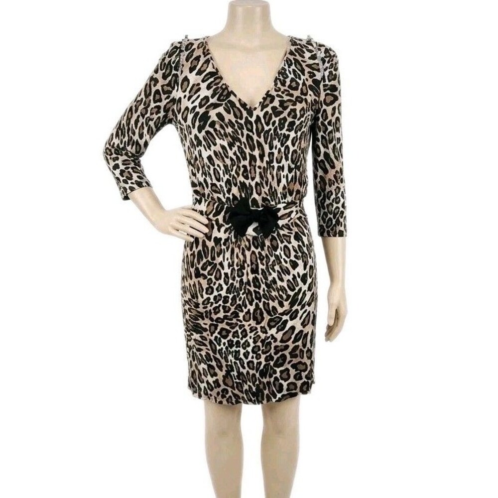 Zara Dress Size Large Brown Cheetah Print Pullover 3/4 Sleeve Stretch V-Neck BOW